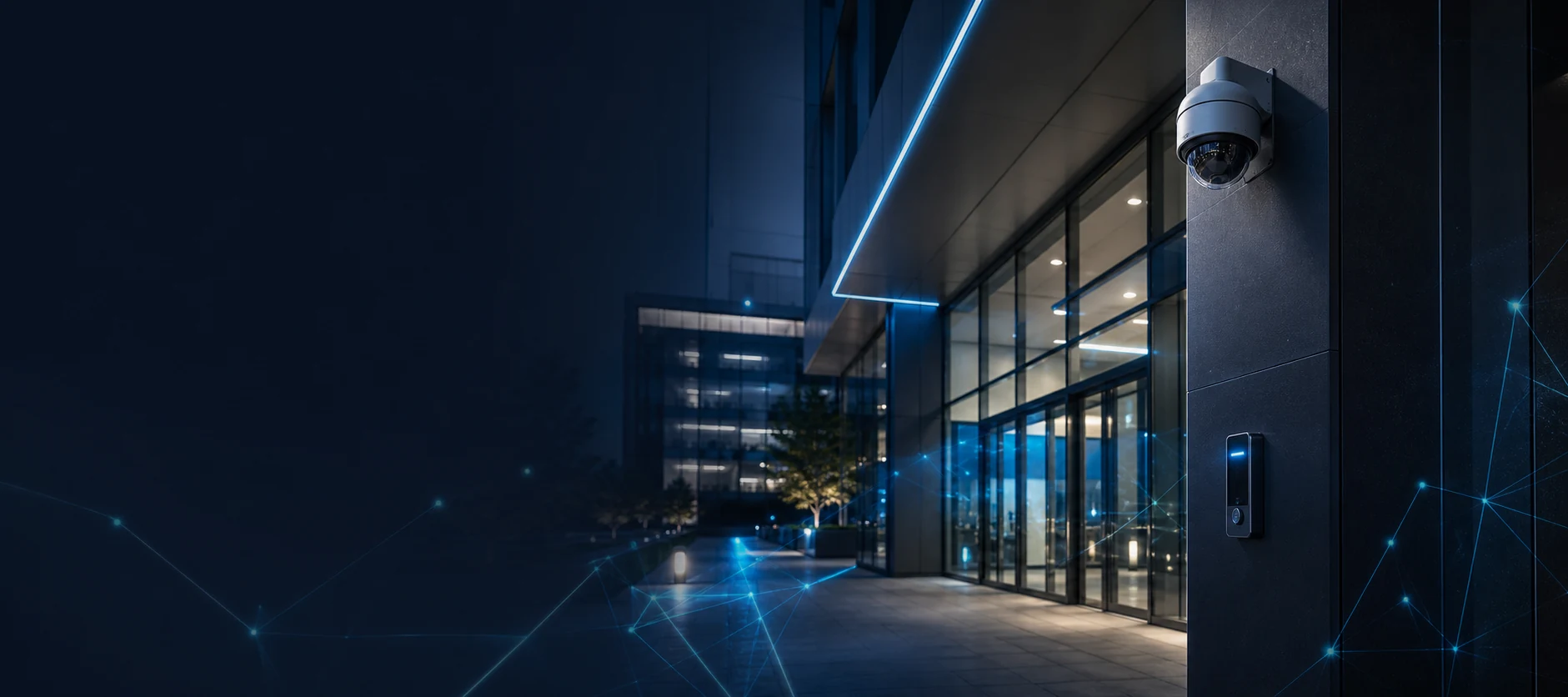 Visual conceptual de un entorno corporativo con tecnología de seguridad conectada